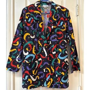 Vtg 90s Womens Oversized Boyfriend Blazer Black Rainbow Swirls Celebrate Sz 12